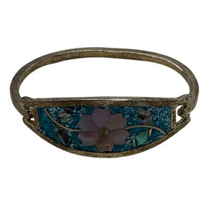Taxco Turquoise Mosaic Flower Silver Bracelet 5” inner circumference